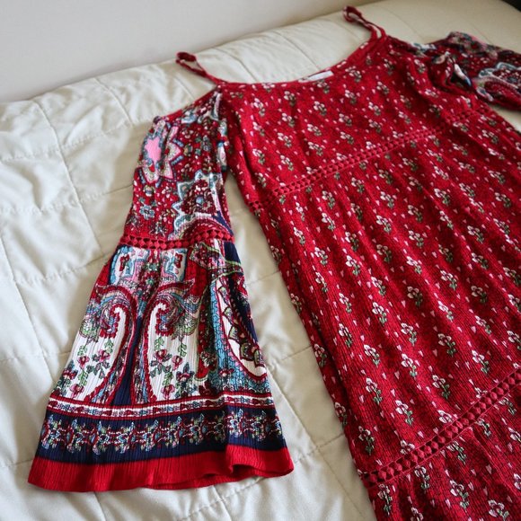 Patrons of Peace Red Cold Shoulder Bell Sleeve Dress - Picture 4 of 11
